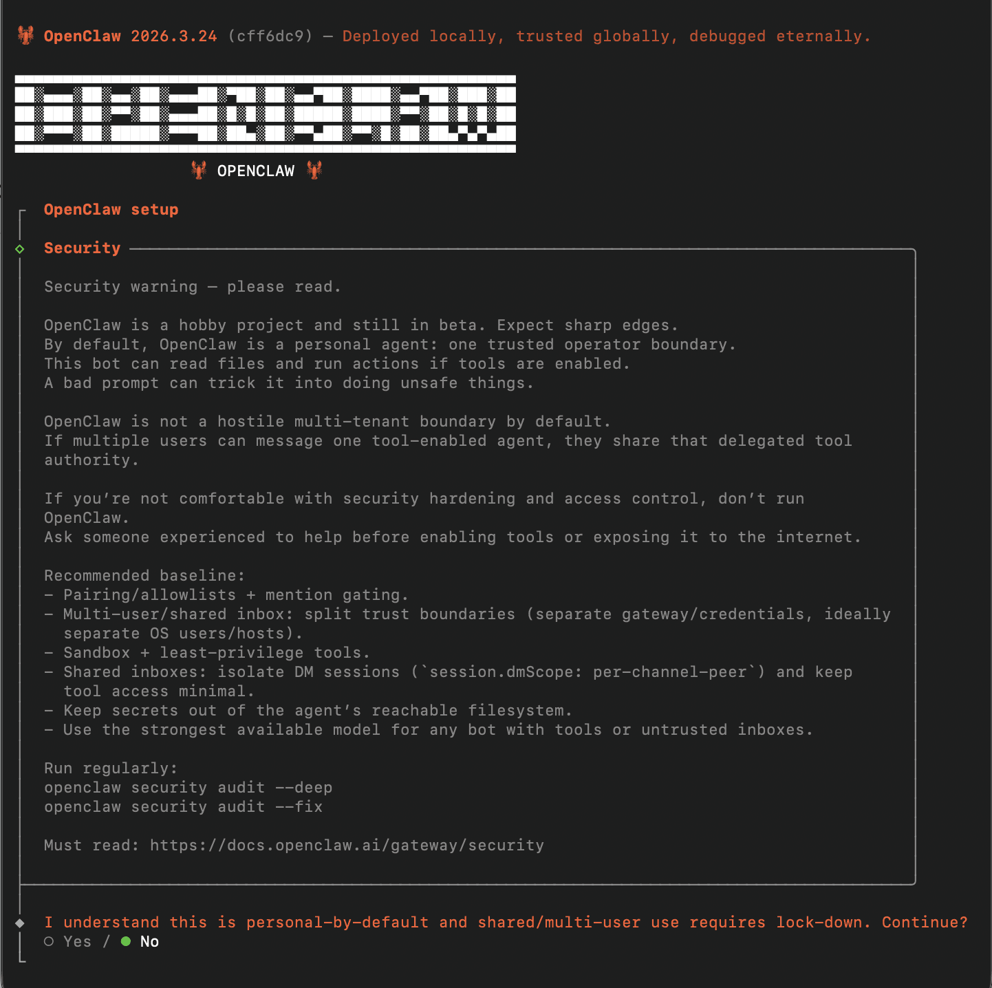 OpenClaw setup screen